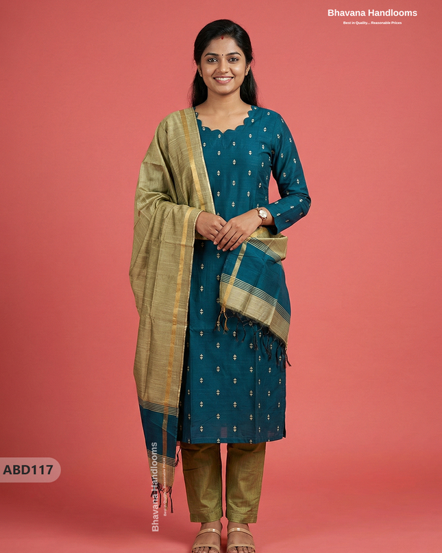 Raw Silk 3-Piece Kurti Set with Cut Work Neck Design in Dark Green Colour | Full-Length Lined Kurti with Gold Dupatta