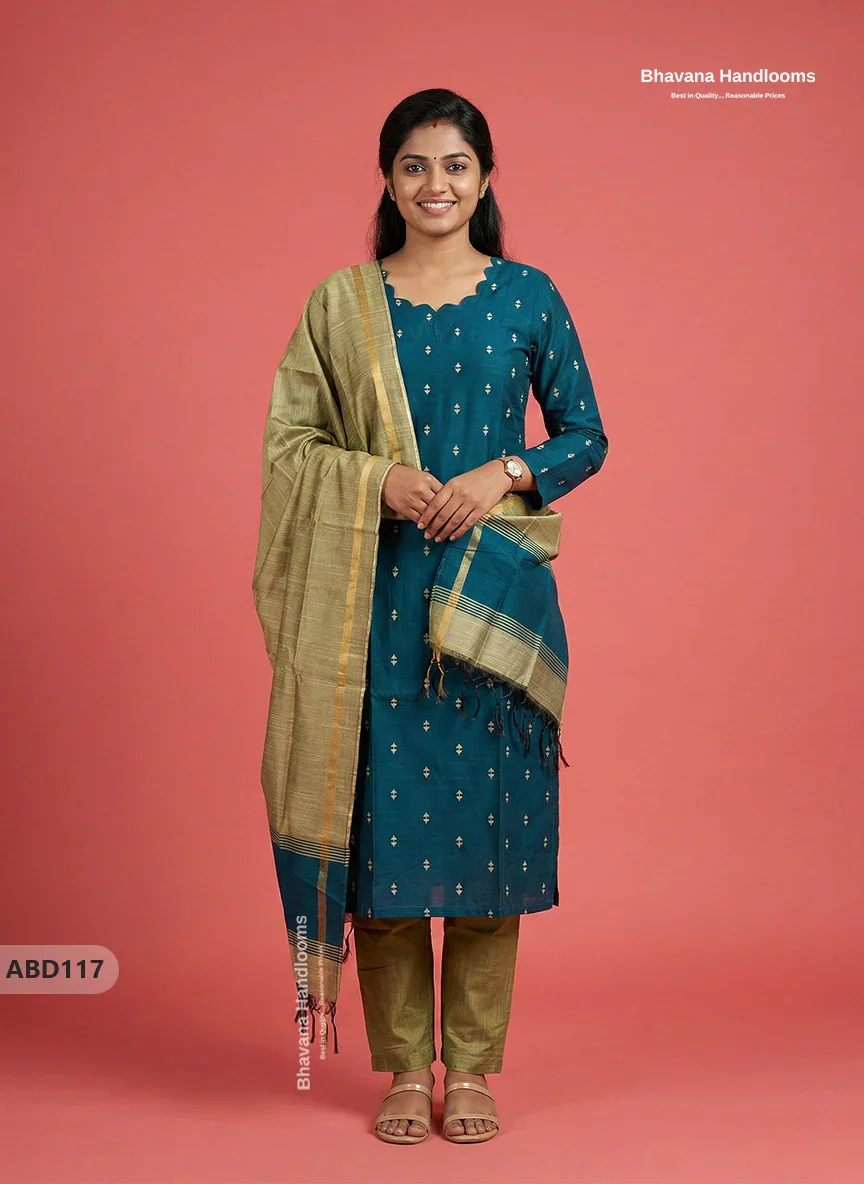 Raw Silk 3-Piece Kurti Set with Cut Work Neck Design in Dark Green Colour | Full-Length Lined Kurti with Gold Dupatta