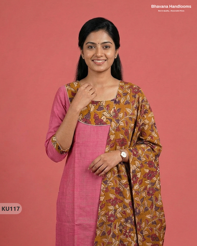 Kalamkari Design Cotton 3pc Kurti Set with Pink colour | Ready-to-Wear