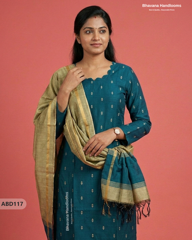 Raw Silk 3-Piece Kurti Set with Cut Work Neck Design in Dark Green Colour | Full-Length Lined Kurti with Gold Dupatta