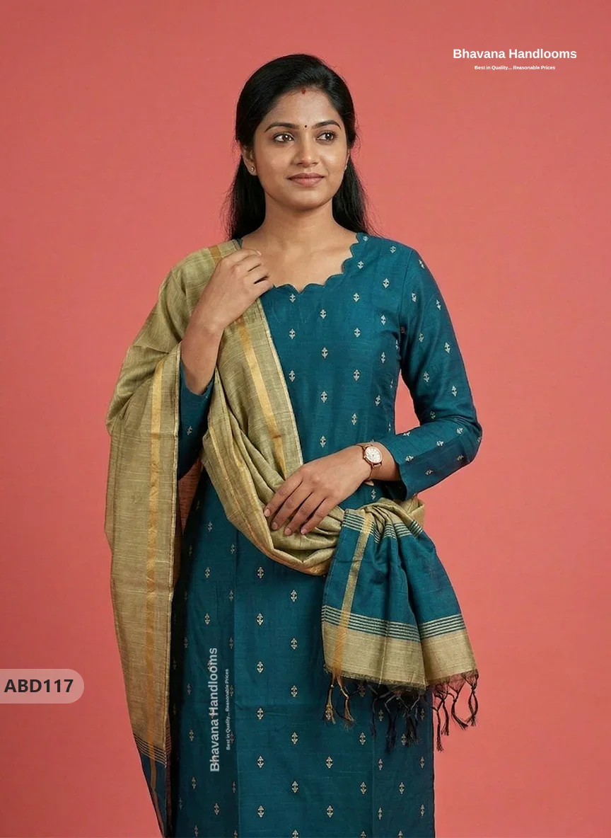 Raw Silk 3-Piece Kurti Set with Cut Work Neck Design in Dark Green Colour | Full-Length Lined Kurti with Gold Dupatta