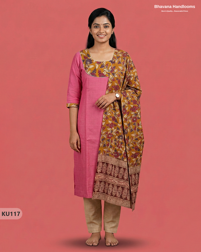 Kalamkari Design Cotton 3pc Kurti Set with Pink colour | Ready-to-Wear