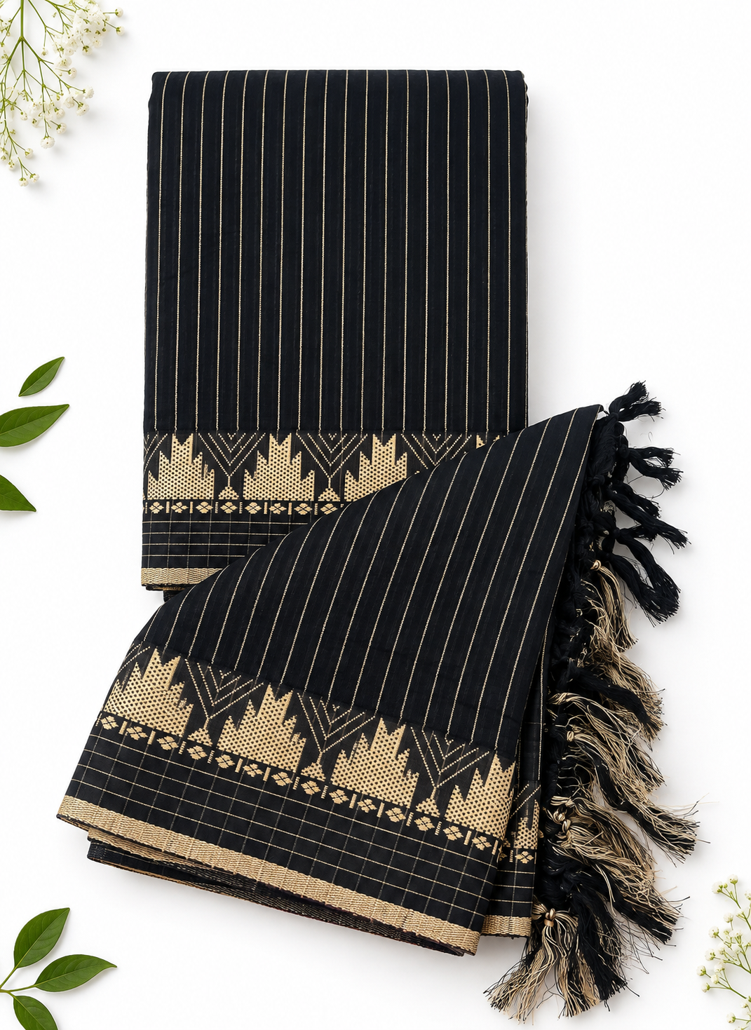Traditional Narayanpet Mercerised Cotton Dress Material in Black | Gold Woven Border