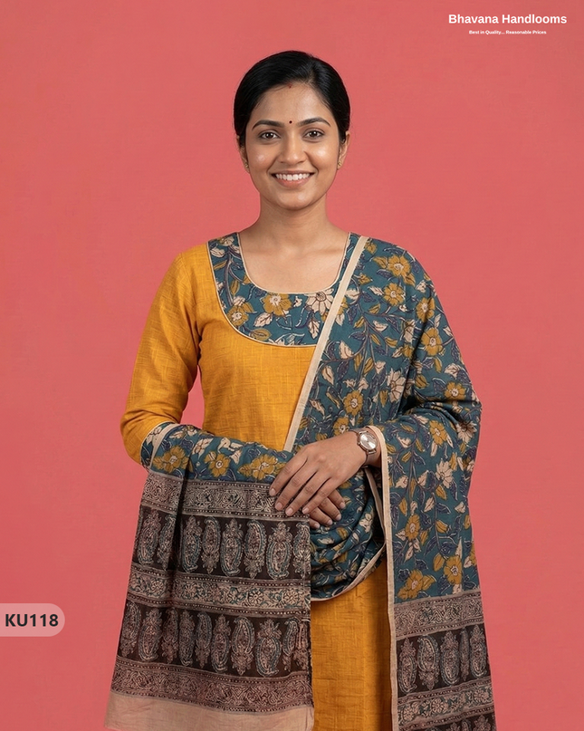 Kalamkari Design Cotton 3pc Kurti Set with yellow colour | Ready-to-Wear