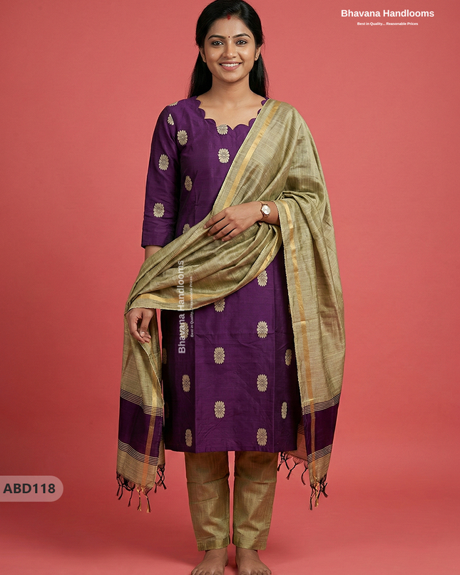 Raw Silk 3-Piece Kurti Set with Cut Work Neck Design in Purple Colour | Full-Length Lined Kurti with Gold Dupatta