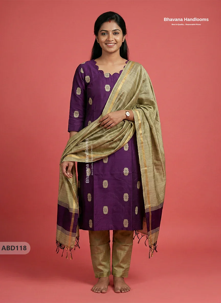 Raw Silk 3-Piece Kurti Set with Cut Work Neck Design in Purple Colour | Full-Length Lined Kurti with Gold Dupatta