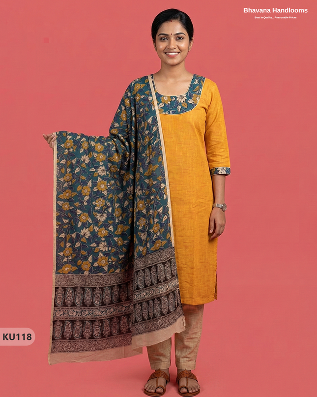 Kalamkari Design Cotton 3pc Kurti Set with yellow colour | Ready-to-Wear