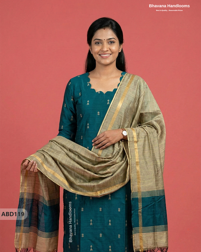 Raw Silk 3-Piece Kurti Set with Cut Work Neck Design in Dark Green Colour | Full-Length Lined Kurti with Gold Dupatta