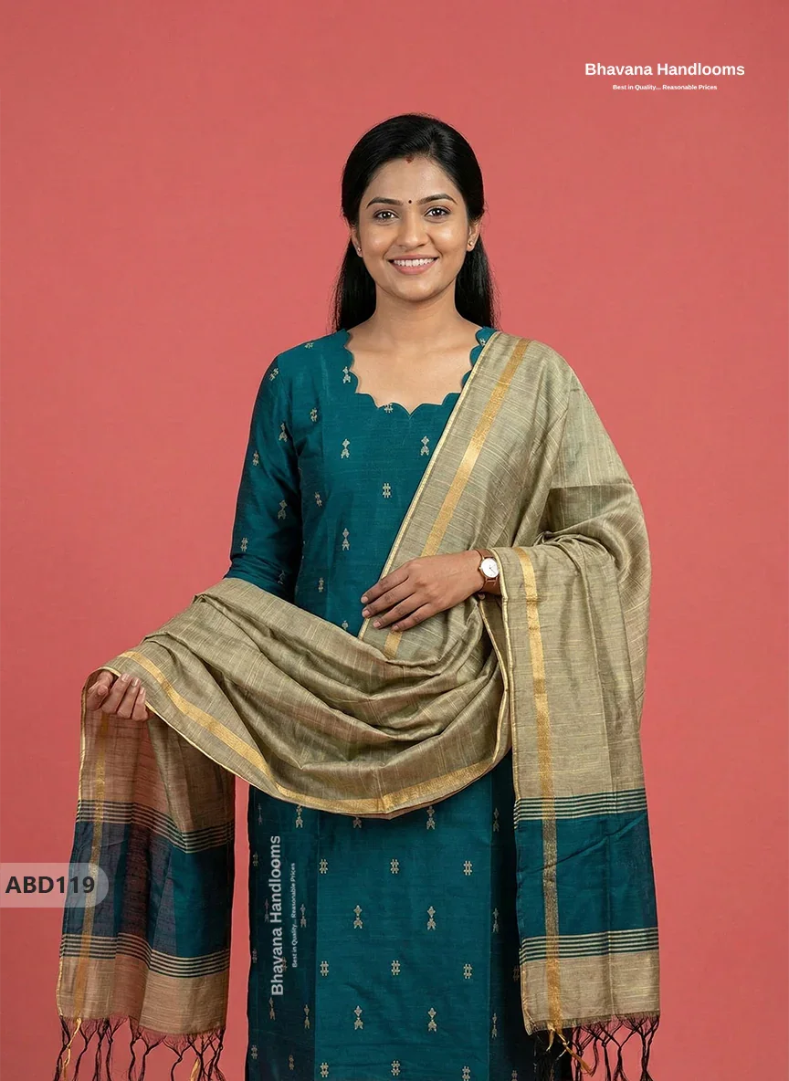 Raw Silk 3-Piece Kurti Set with Cut Work Neck Design in Dark Green Colour | Full-Length Lined Kurti with Gold Dupatta
