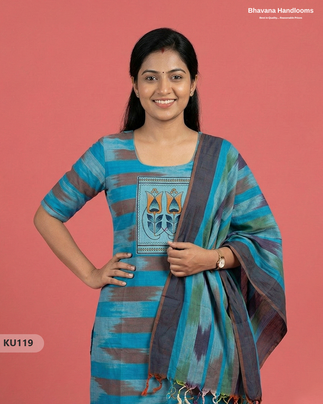 Ikkath 3pc kurti set with Patch in Blue | Ready-to-wear | Full Length linning