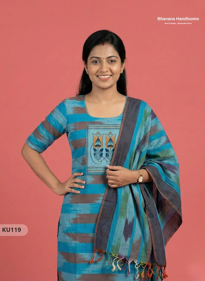 Ikkath 3pc kurti set with Patch in Blue | Ready-to-wear | Full Length linning