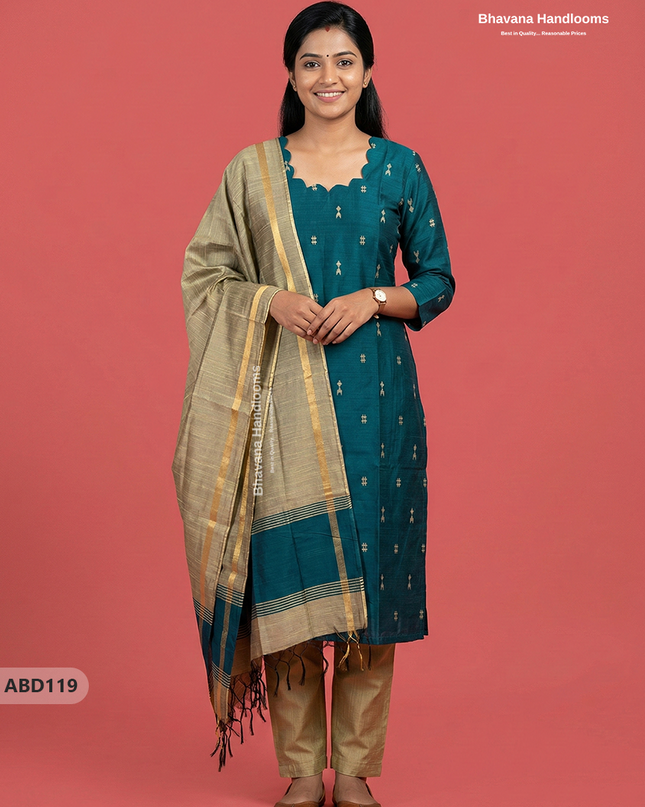 Raw Silk 3-Piece Kurti Set with Cut Work Neck Design in Dark Green Colour | Full-Length Lined Kurti with Gold Dupatta
