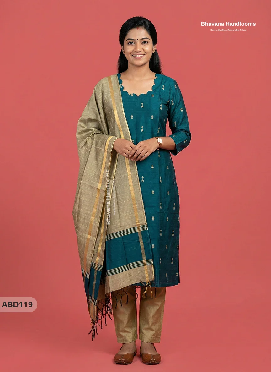 Raw Silk 3-Piece Kurti Set with Cut Work Neck Design in Dark Green Colour | Full-Length Lined Kurti with Gold Dupatta
