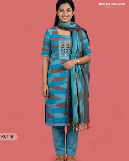 Ikkath 3pc kurti set with Patch in Blue | Ready-to-wear | Full Length linning