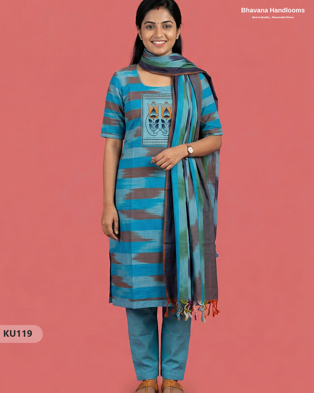 Ikkath 3pc kurti set with Patch in Blue | Ready-to-wear | Full Length linning