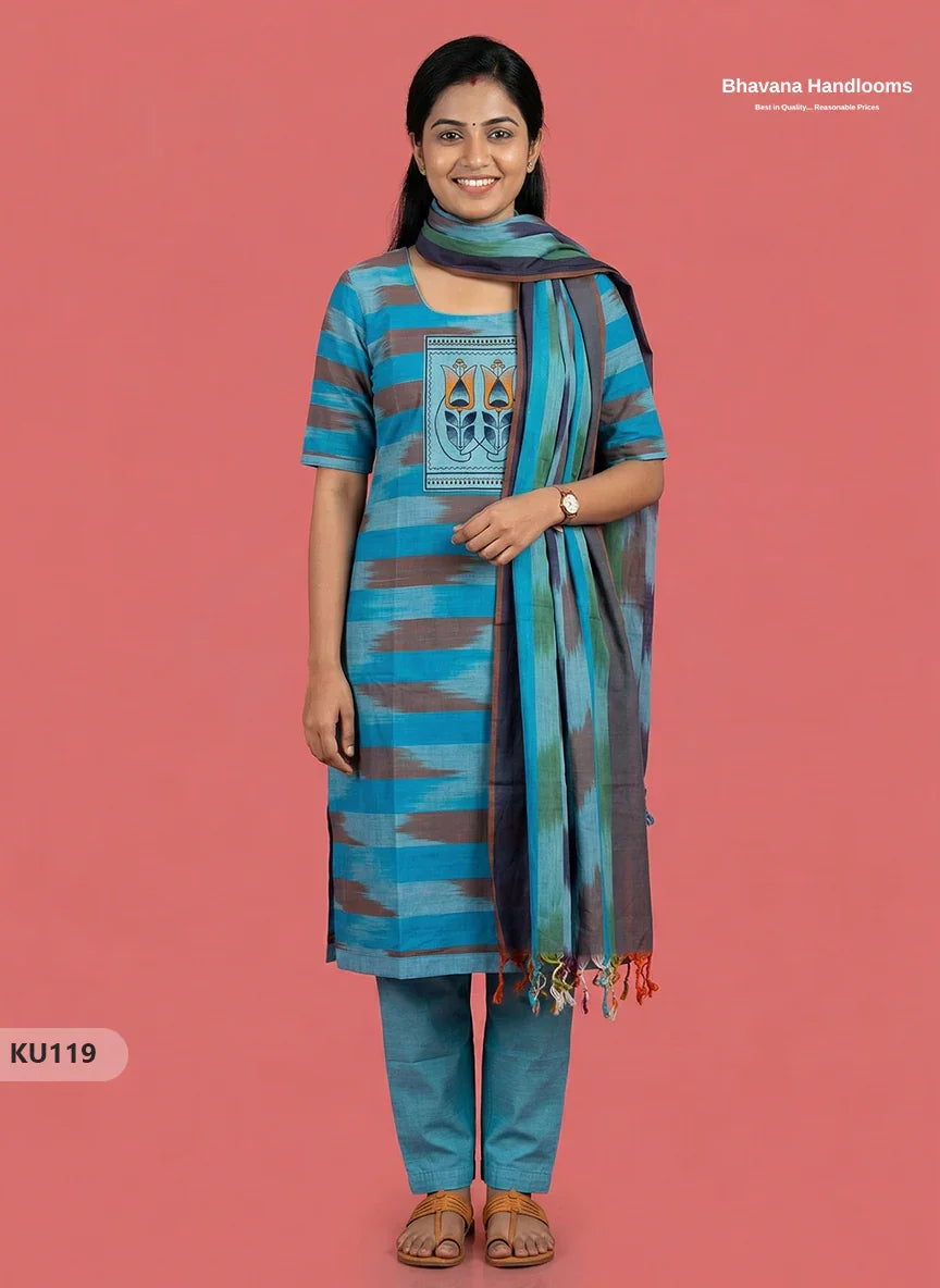 Ikkath 3pc kurti set with Patch in Blue | Ready-to-wear | Full Length linning