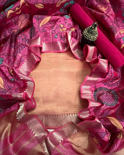 Mangalagiri Semi Pattu Dress Material with Zari Border – Light Brown Colour