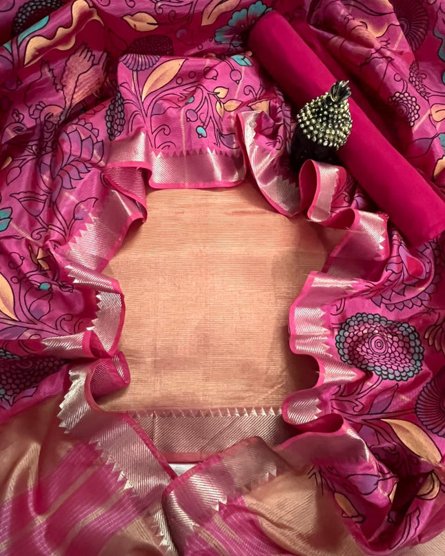 Mangalagiri Semi Pattu Dress Material with Zari Border – Light Brown Colour