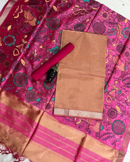 Mangalagiri Semi Pattu Dress Material with Zari Border – Light Brown Colour