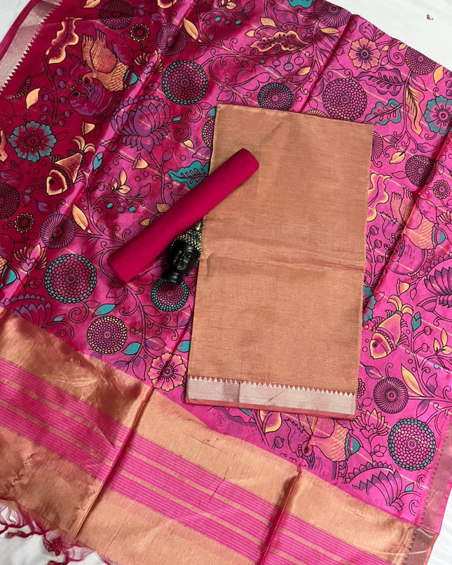 Mangalagiri Semi Pattu Dress Material with Zari Border – Light Brown Colour