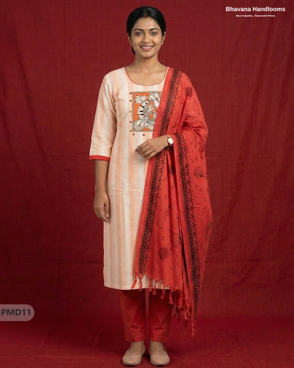 Stylish Cotton 3PC Kurti Set with Orange & Off-White Stripes, Musical Panel Design | Red Dupatta