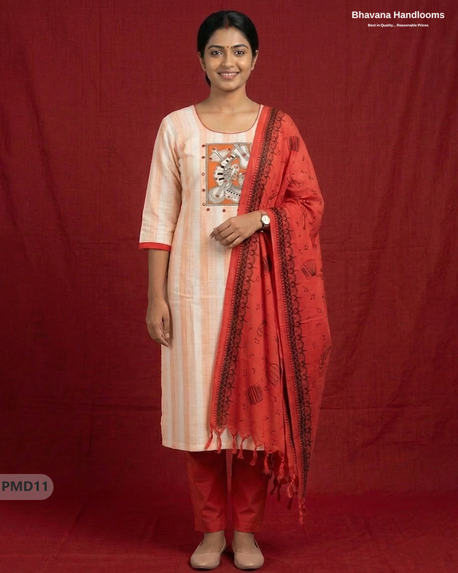 Stylish Cotton 3PC Kurti Set with Orange & Off-White Stripes, Musical Panel Design | Red Dupatta