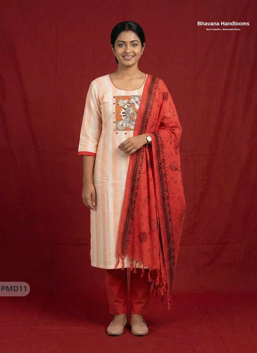 Stylish Cotton 3PC Kurti Set with Orange & Off-White Stripes, Musical Panel Design | Red Dupatta