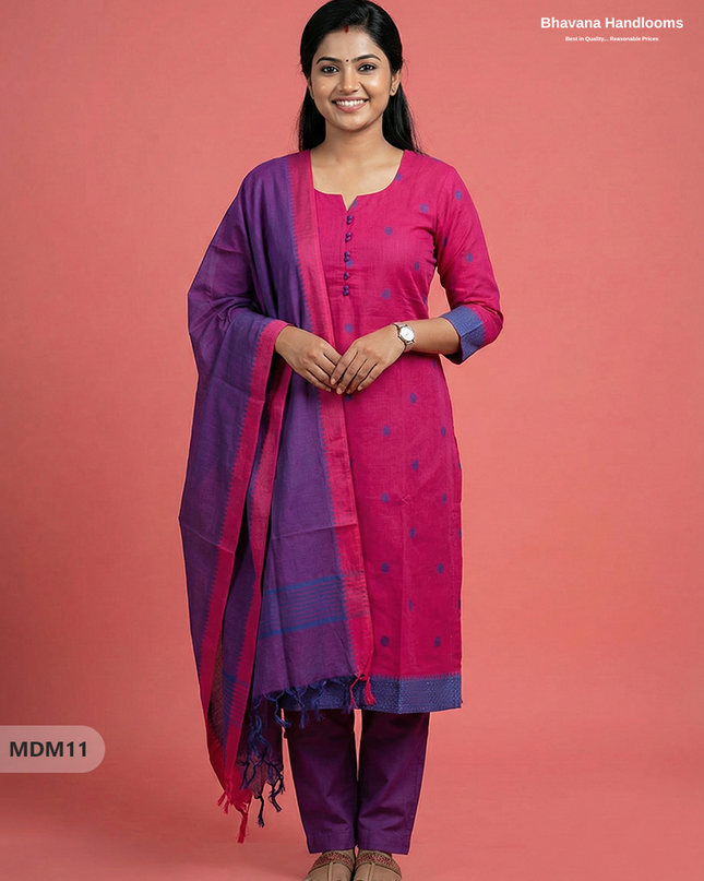 Mangalagiri Cotton 3PC Set with Full-Length Lining & Elastic Pocket Bottom – Pinkish Red