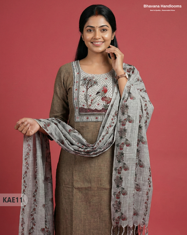 Readymade Cotton Kurti Set in Brown with Mirror Finishing Design