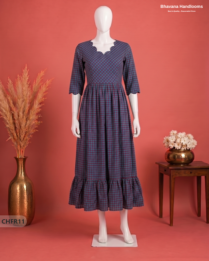 Handloom Cotton Frock in Teal & Wine Red Checks with Stylish Neck Cut Work | Soft & Comfortable