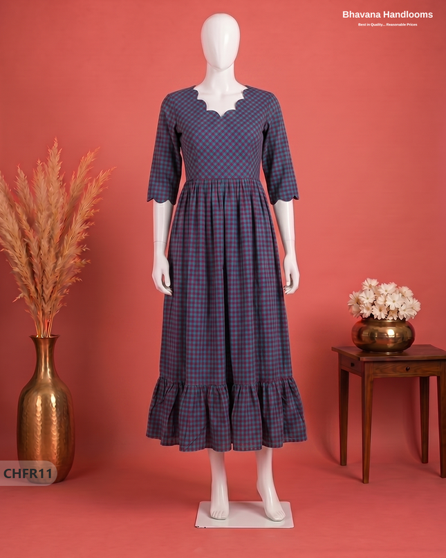 Handloom Cotton Frock in Teal & Wine Red Checks with Stylish Neck Cut Work | Soft & Comfortable