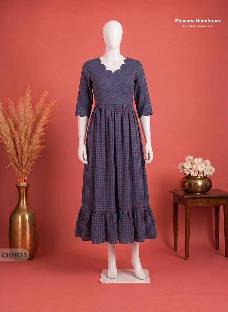 Mangalagiri Cotton Frock in Teal & Wine Red Checks with Stylish Neck Cut Work