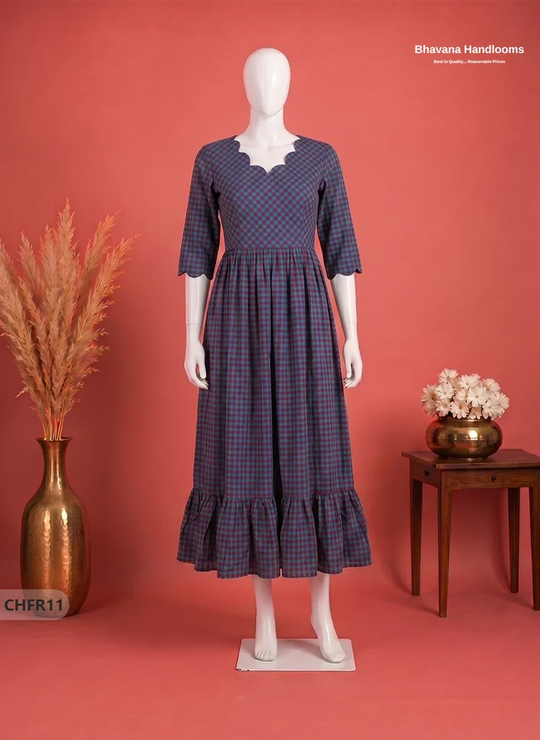 Mangalagiri Cotton Frock in Teal & Wine Red Checks with Stylish Neck Cut Work | Soft & Comfortable