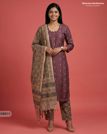 Raw Silk 3PC Kurti Set with Kalamkari Dupatta & Elastic Bottom in Dark Onion Pink Colour | Ethnic Wear