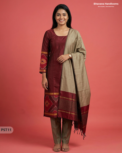 Pochampally Semi Pattu 3PC Kurti Set in Maroon Colour | Ready-to-Wear Ethnic Wear
