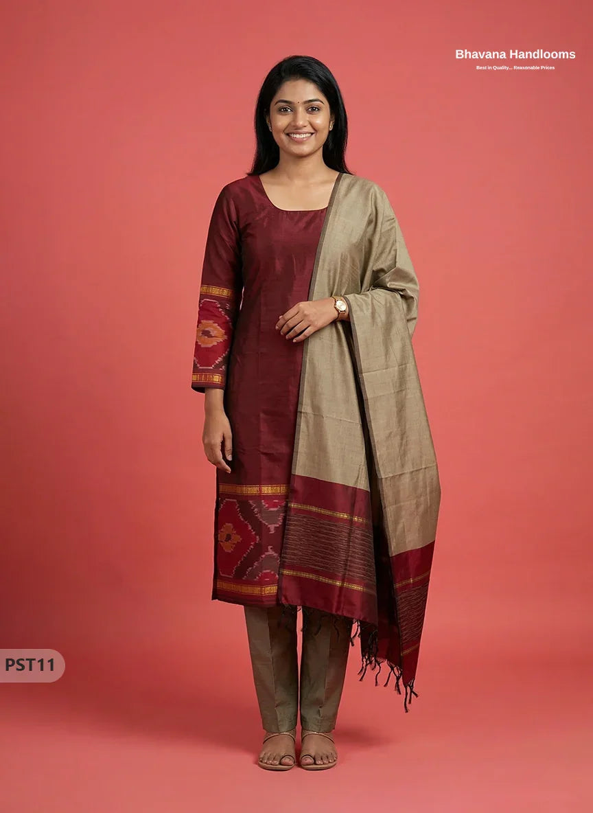 Pochampally Semi Pattu 3PC Kurti Set in Maroon Colour | Ready-to-Wear Ethnic Wear
