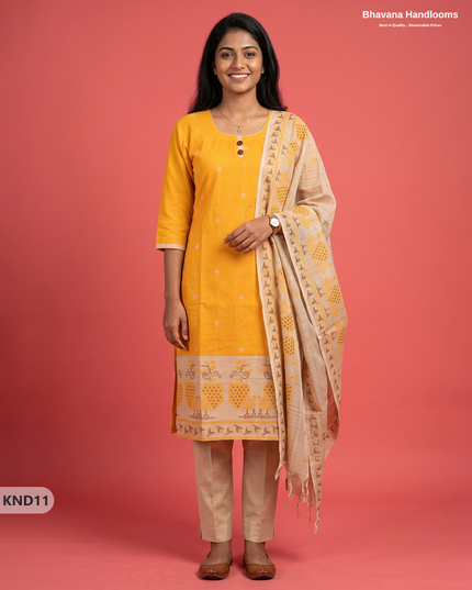 Designer Printed Cotton Floral 3PC Kurti Set in Mustard Yellow Colour | Full-Length Lining | Ready-to-Wear
