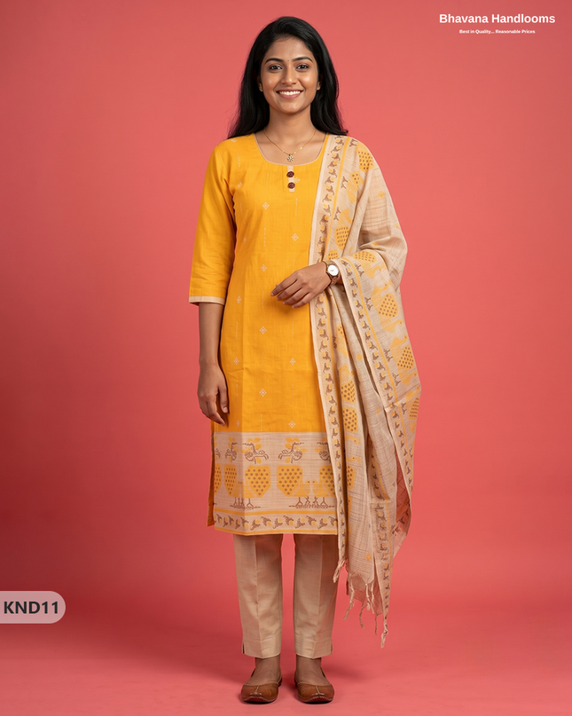 Designer Printed Cotton Floral 3PC Kurti Set in Mustard Yellow Colour | Full-Length Lining | Ready-to-Wear