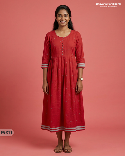 Summer Special Premium Cotton Handloom Frock with Woven Design | Red Colour
