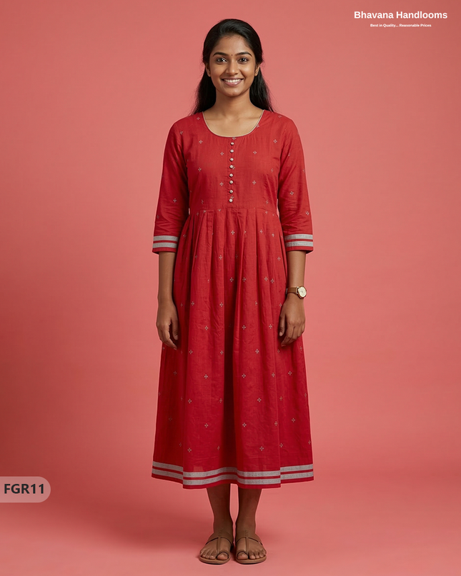 Summer Special Premium Cotton Handloom Frock with Woven Design | Red Colour