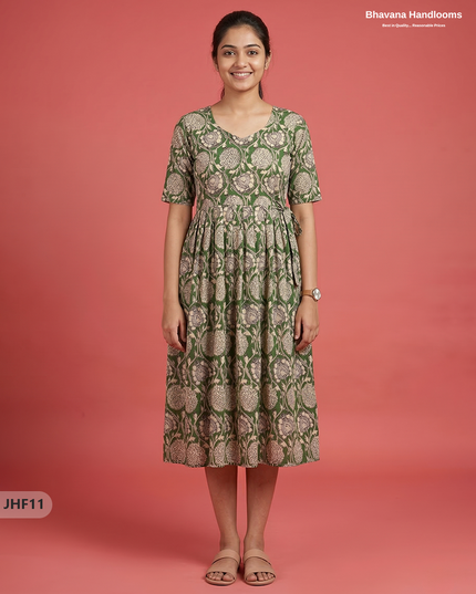 Kalamkari Design Frock – Green Colour | Handloom Ethnic Wear with Half Lining