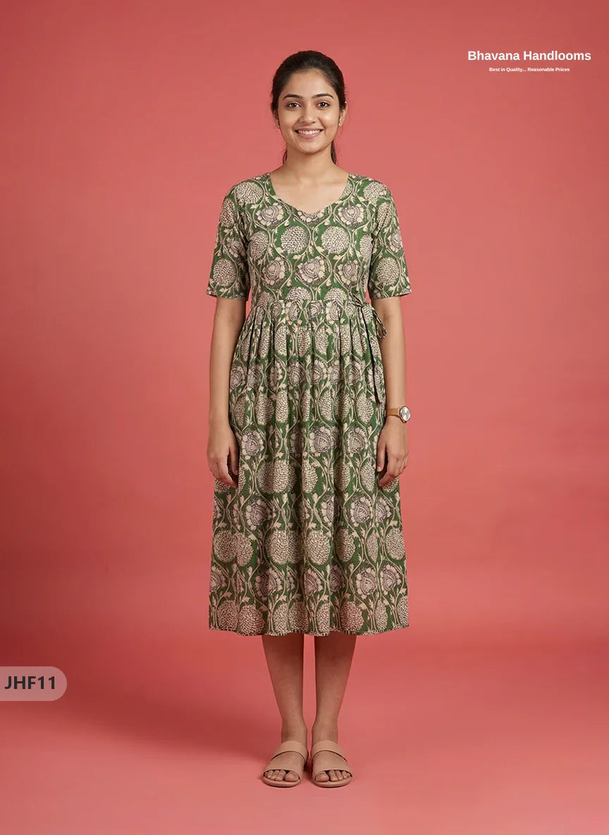Kalamkari Design Frock – Green Colour | Handloom Ethnic Wear with Half Lining