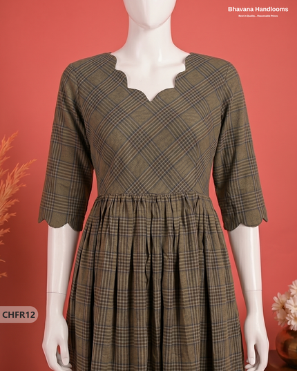 Handloom Cotton Frock in Olive Brown & Dark Charcoal Grey  Checks with Stylish Neck Cut Work | Soft & Comfortable