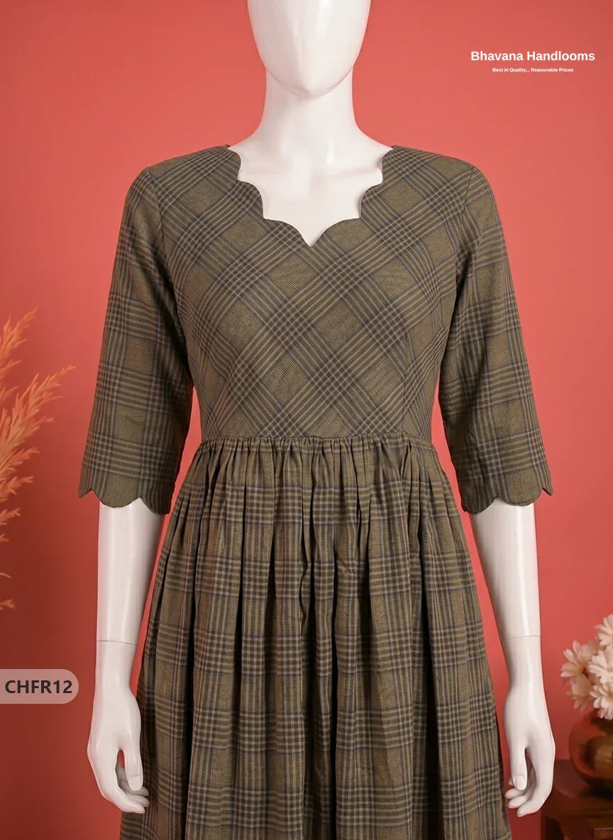 Mangalagiri Cotton Frock in Olive Brown & Dark Charcoal Grey  Checks with Stylish Neck Cut Work | Soft & Comfortable