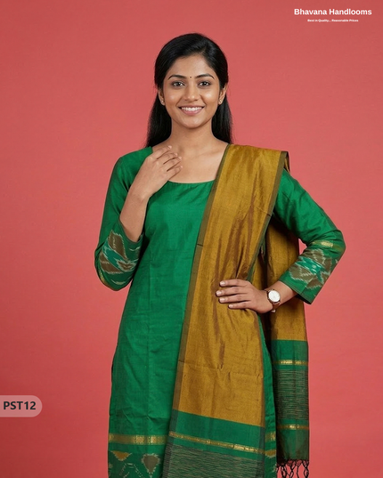 Pochampally Semi Pattu 3PC Kurti Set in Parrot Green Colour | Ready-to-Wear Ethnic Wear