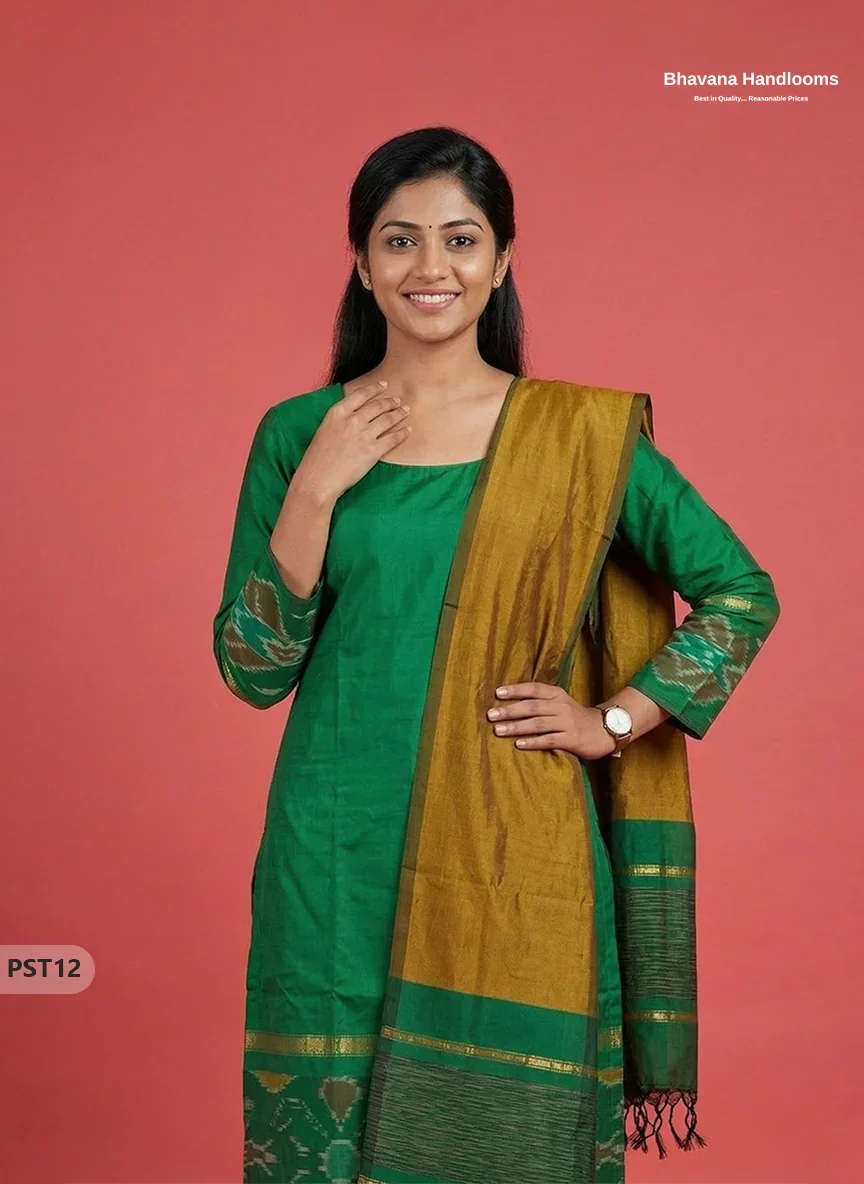 Pochampally Semi Pattu 3PC Kurti Set in Parrot Green Colour | Ready-to-Wear Ethnic Wear