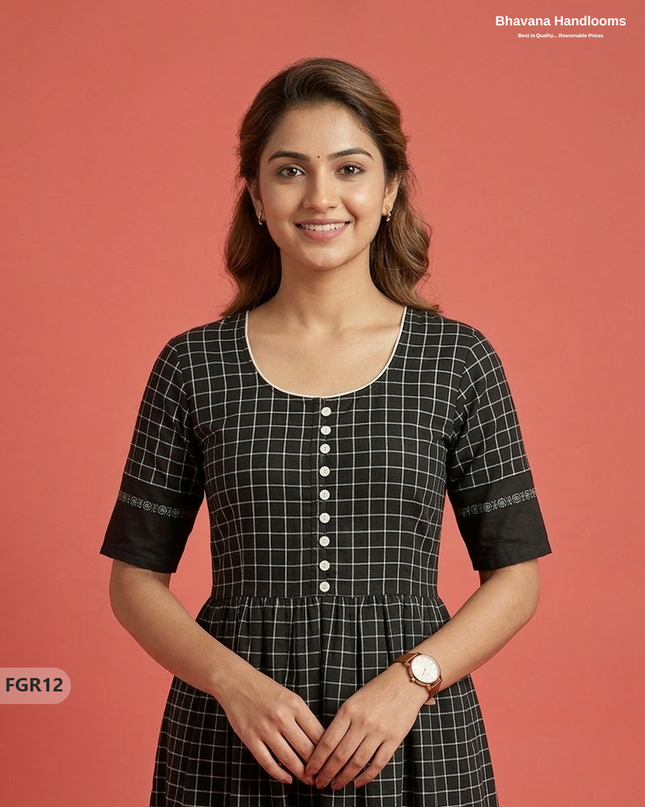 Summer Special Premium Cotton Handloom Frock with Woven Design | Black Colour