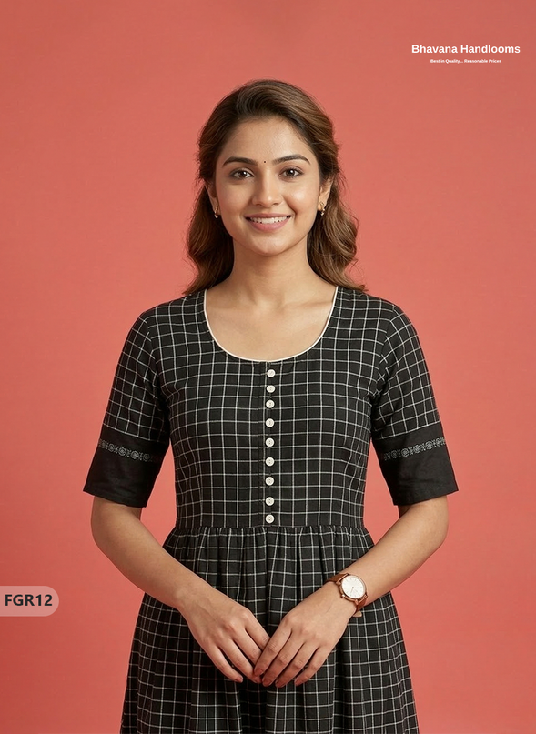 Summer Special Premium Cotton Handloom Frock with Woven Design | Black Colour