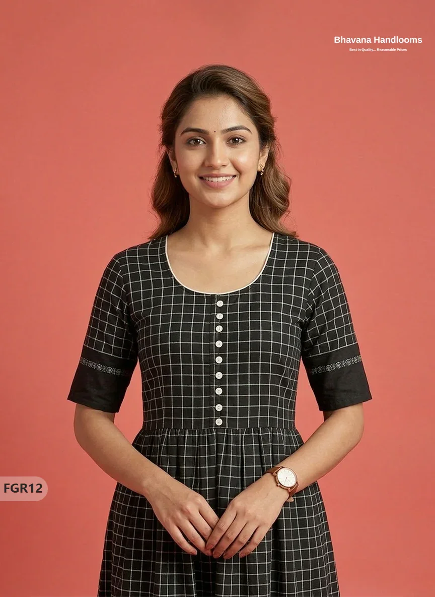 Summer Special Premium Cotton Handloom Frock with Woven Design | Black Colour
