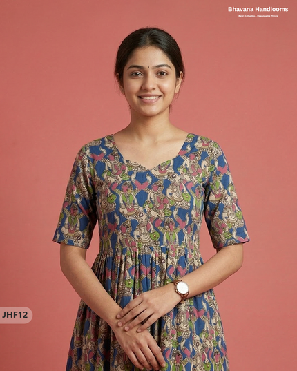Kalamkari Design Frock – Blue Colour | Handloom Ethnic Wear with Half Lining